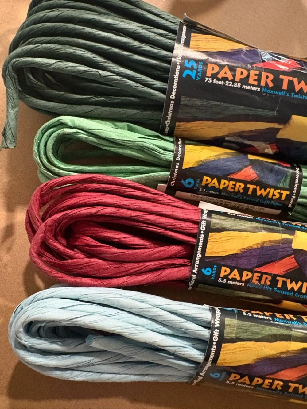 Paper Twist Twisted Craft Paper Rolls - - Green, Dark Green, Red, Light Blue
